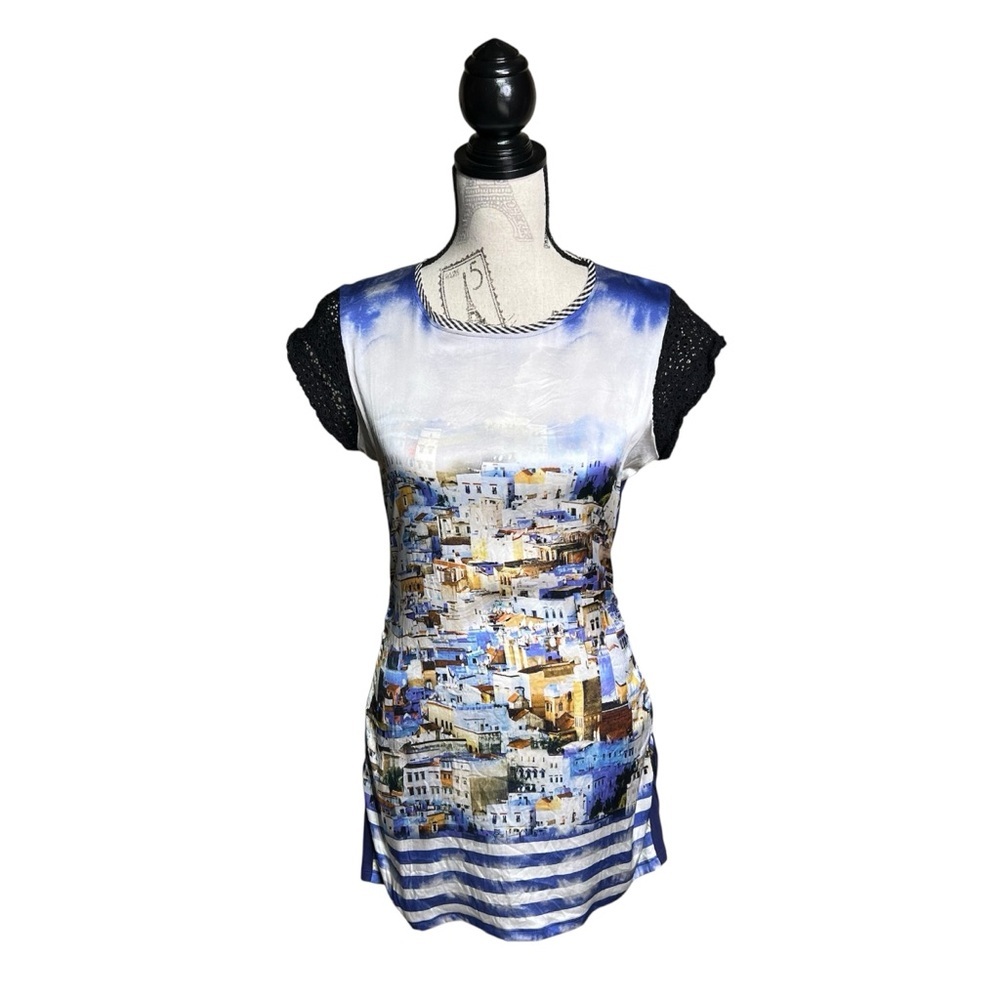 Marc Cain silk longline Blue and White Graphic Fitted blouse